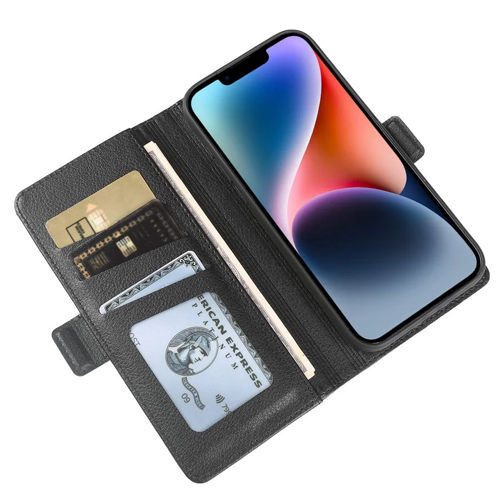 For iPhone 14 Plus Wallet Case with Dual Magnetic Clasp Litchi Textured Leather Flip Stand Phone Cover - Black - 3