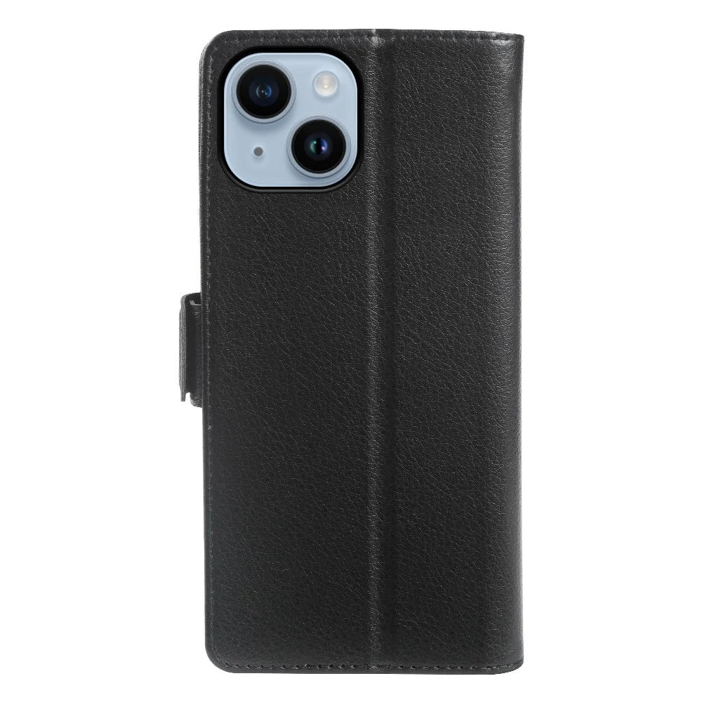 For iPhone 14 Plus Wallet Case with Dual Magnetic Clasp Litchi Textured Leather Flip Stand Phone Cover - Black - 6