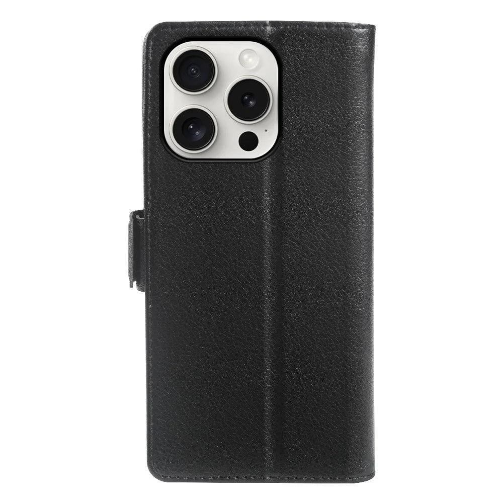 For iPhone 14 Pro Max Wallet Case with Dual Magnetic Clasp Litchi Textured Leather Flip Stand Phone Cover - Black - 6