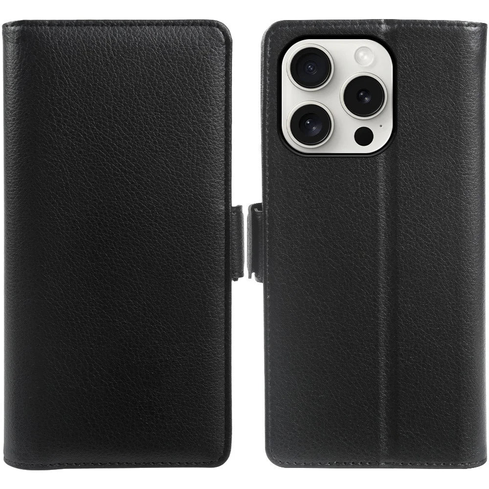For iPhone 14 Pro Wallet Case with Dual Magnetic Clasp Litchi Textured Leather Flip Stand Phone Cover - Black - 1