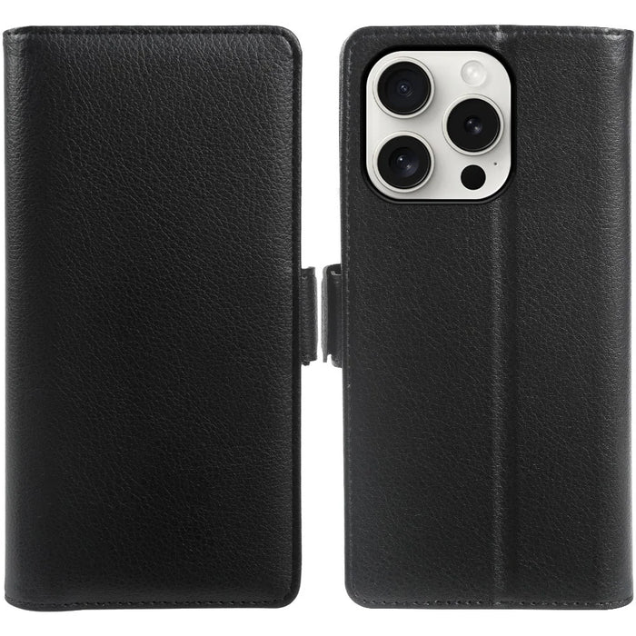 For iPhone 14 Pro Wallet Case with Dual Magnetic Clasp Litchi Textured Leather Flip Stand Phone Cover - Black - 1