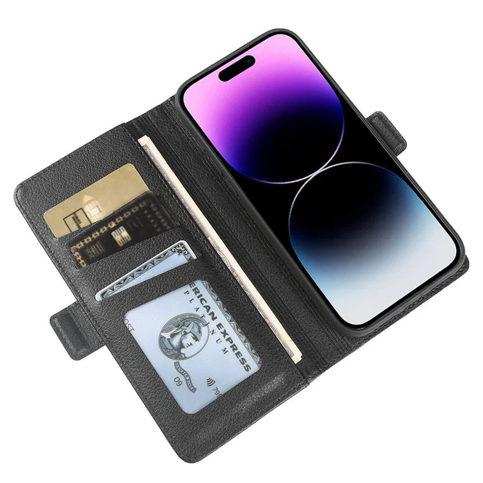For iPhone 14 Pro Wallet Case with Dual Magnetic Clasp Litchi Textured Leather Flip Stand Phone Cover - Black - 3