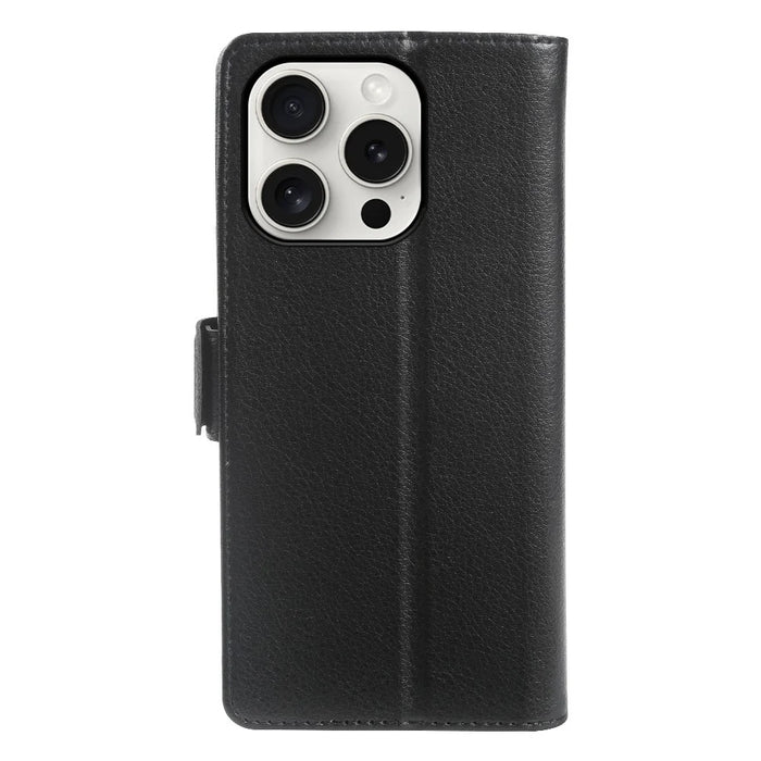 For iPhone 14 Pro Wallet Case with Dual Magnetic Clasp Litchi Textured Leather Flip Stand Phone Cover - Black - 6