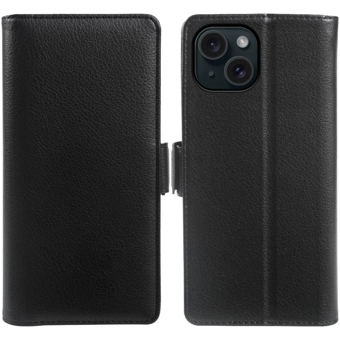 For iPhone 15 Wallet Case with Dual Magnetic Clasp Litchi Textured Leather Flip Stand Phone Cover - Black - 1