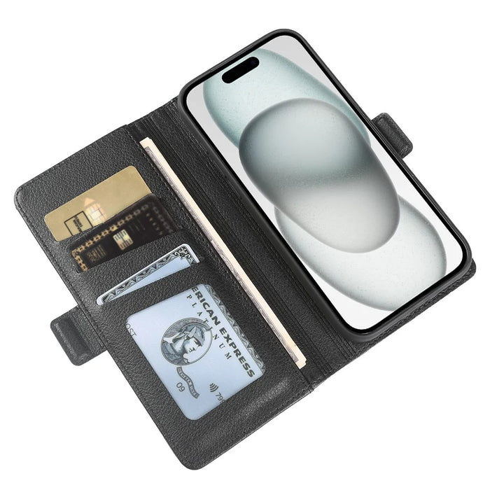 For iPhone 15 Wallet Case with Dual Magnetic Clasp Litchi Textured Leather Flip Stand Phone Cover - Black - 3