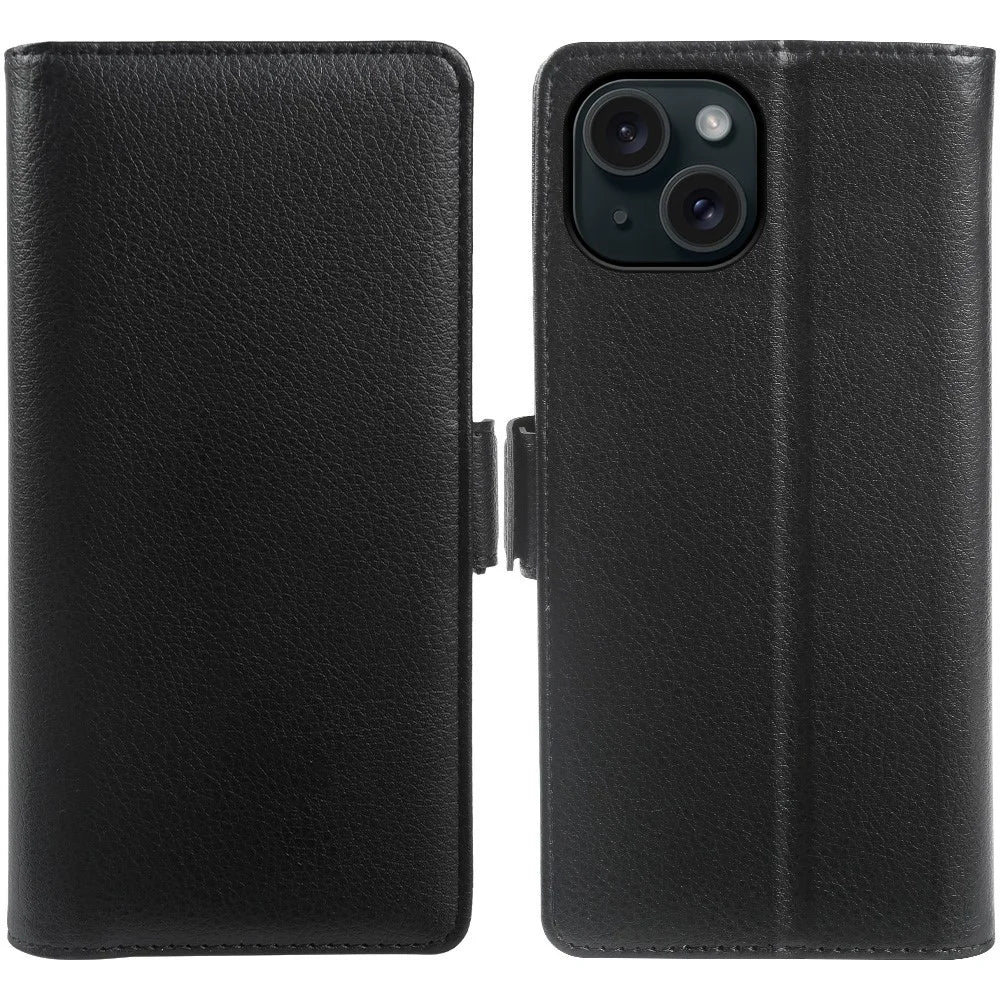 For iPhone 15 Plus Wallet Case with Dual Magnetic Clasp Litchi Textured Leather Flip Stand Phone Cover - Black - 1