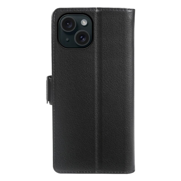 For iPhone 15 Plus Wallet Case with Dual Magnetic Clasp Litchi Textured Leather Flip Stand Phone Cover - Black - 6