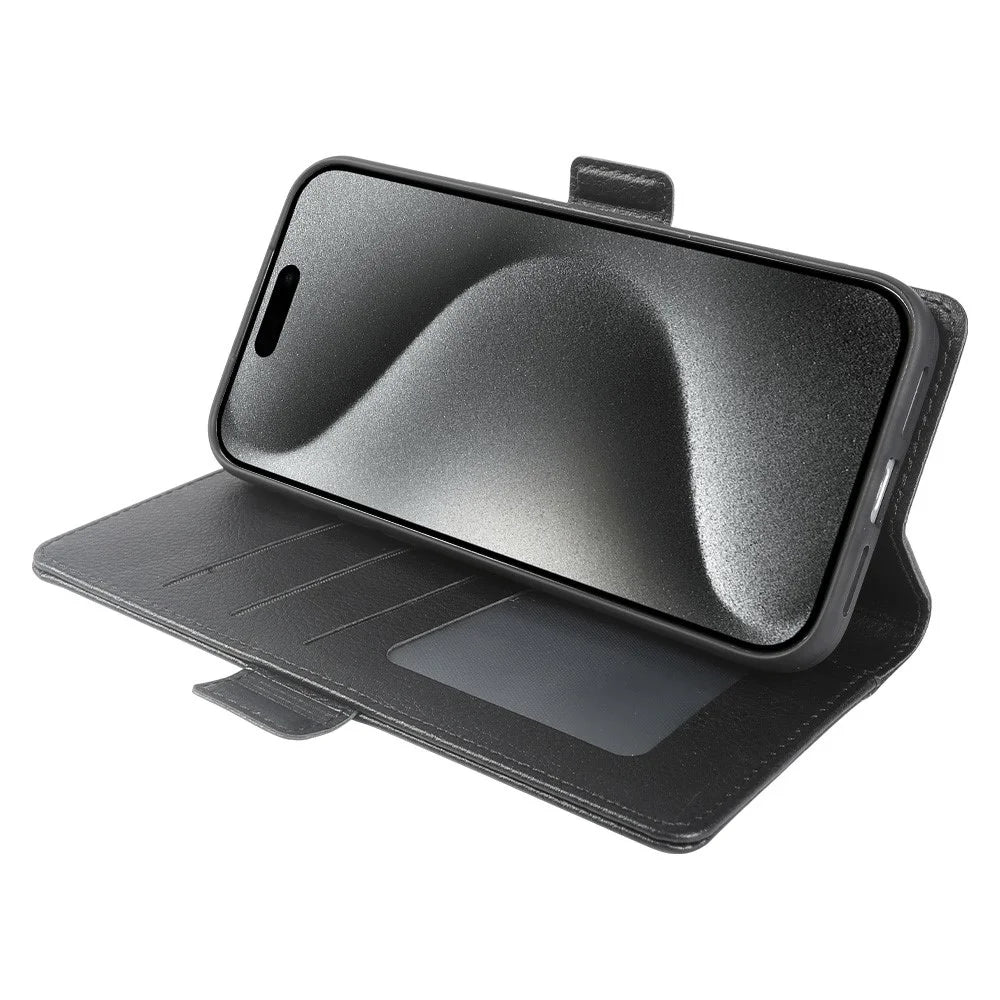 For iPhone 15 Pro Wallet Case with Dual Magnetic Clasp Litchi Textured Leather Flip Stand Phone Cover - Black - 2