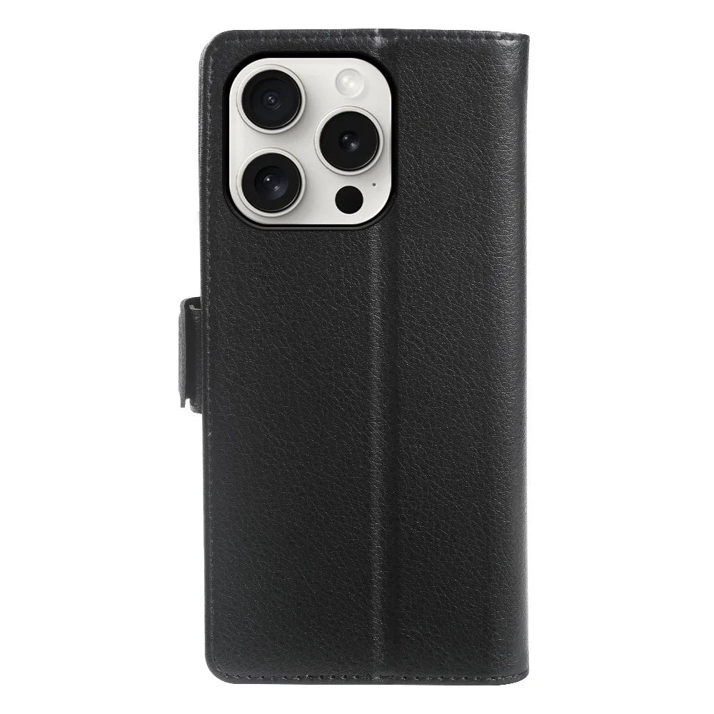 For iPhone 15 Pro Wallet Case with Dual Magnetic Clasp Litchi Textured Leather Flip Stand Phone Cover - Black - 6