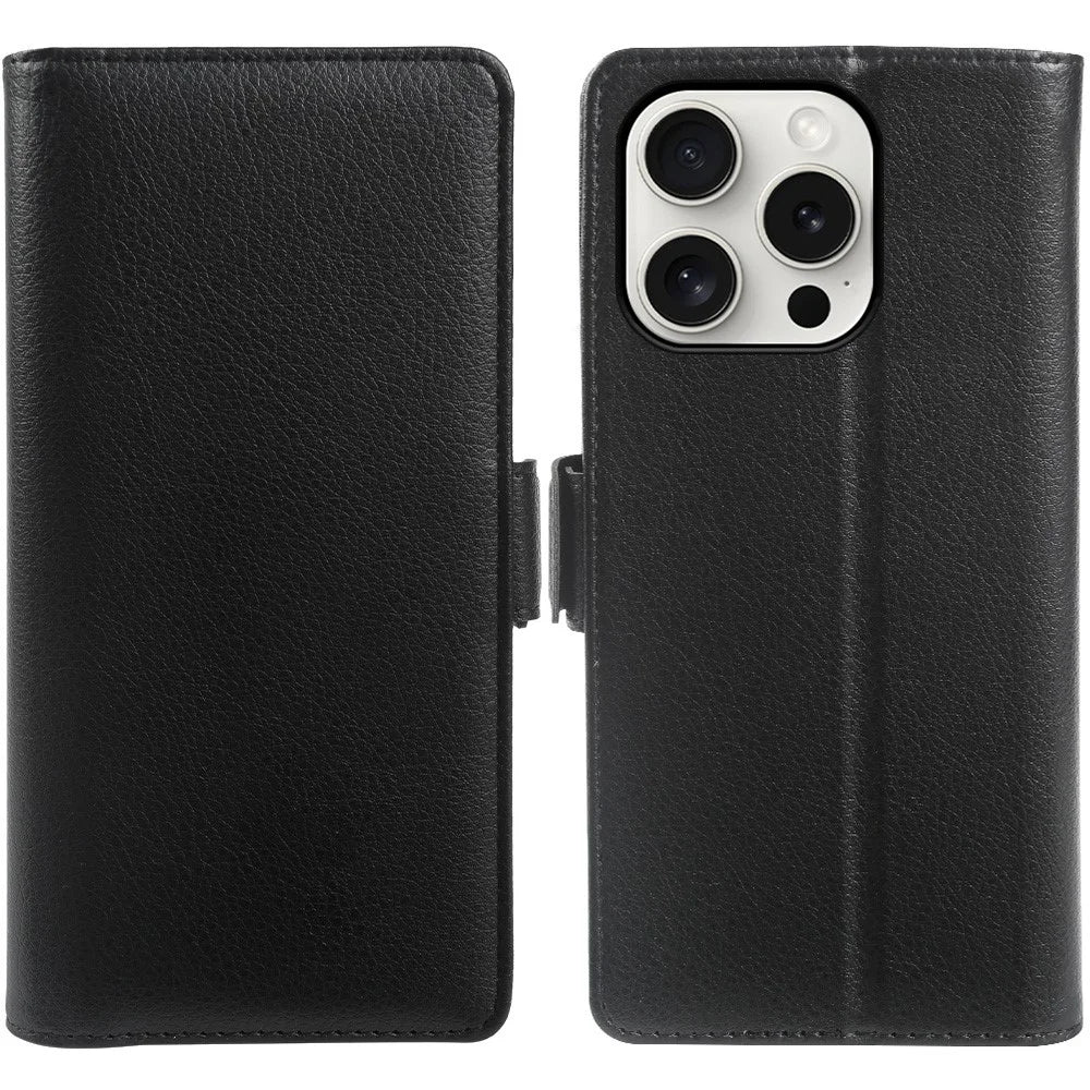 For iPhone 15 Pro Max Wallet Case with Dual Magnetic Clasp Litchi Textured Leather Flip Stand Phone Cover - Black - 1