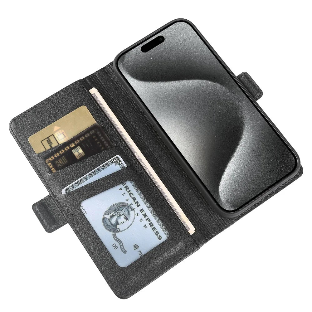 For iPhone 15 Pro Max Wallet Case with Dual Magnetic Clasp Litchi Textured Leather Flip Stand Phone Cover - Black - 3