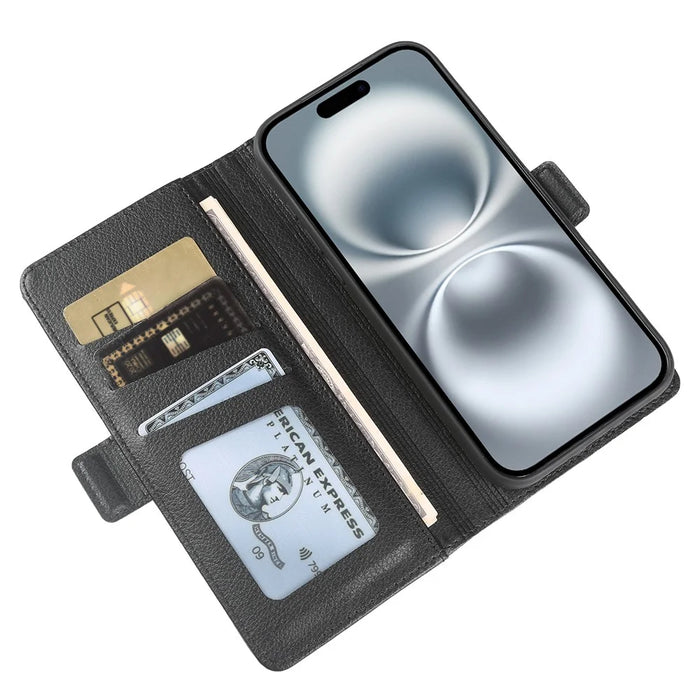 For iPhone 16 Wallet Case with Dual Magnetic Clasp Litchi Textured Leather Flip Stand Phone Cover - Black - 3