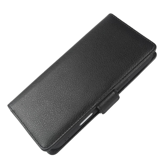 For iPhone 16 Wallet Case with Dual Magnetic Clasp Litchi Textured Leather Flip Stand Phone Cover - Black - 4