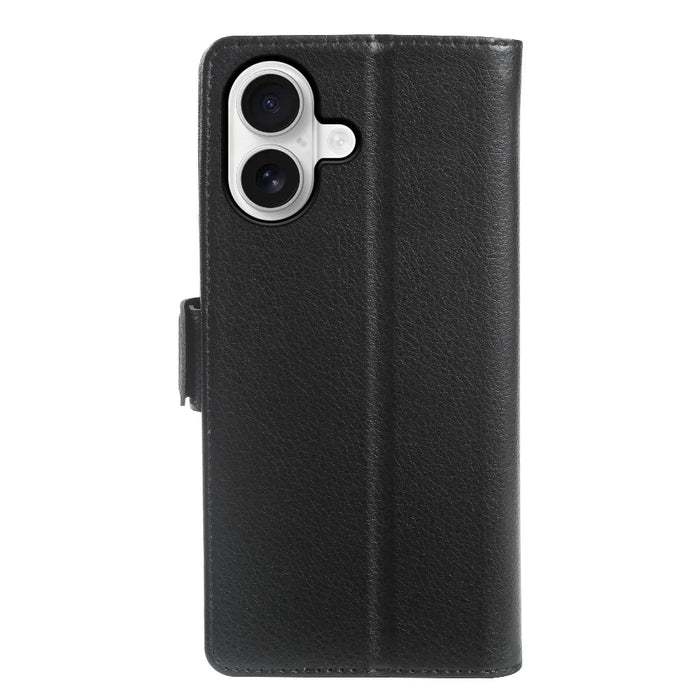 For iPhone 16 Wallet Case with Dual Magnetic Clasp Litchi Textured Leather Flip Stand Phone Cover - Black - 6