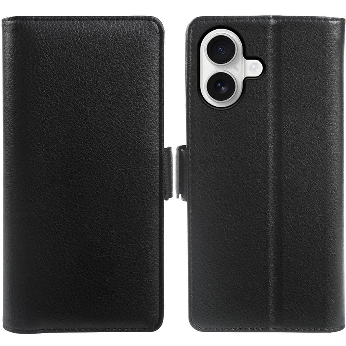 For iPhone 16 Plus Wallet Case with Dual Magnetic Clasp Litchi Textured Leather Flip Stand Phone Cover - Black - 1