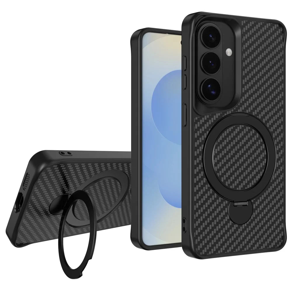 For Samsung Galaxy S26 Phone Case with Magnetic Kickstand TPU + PC Carbon Fiber Back Cover - Black - 1