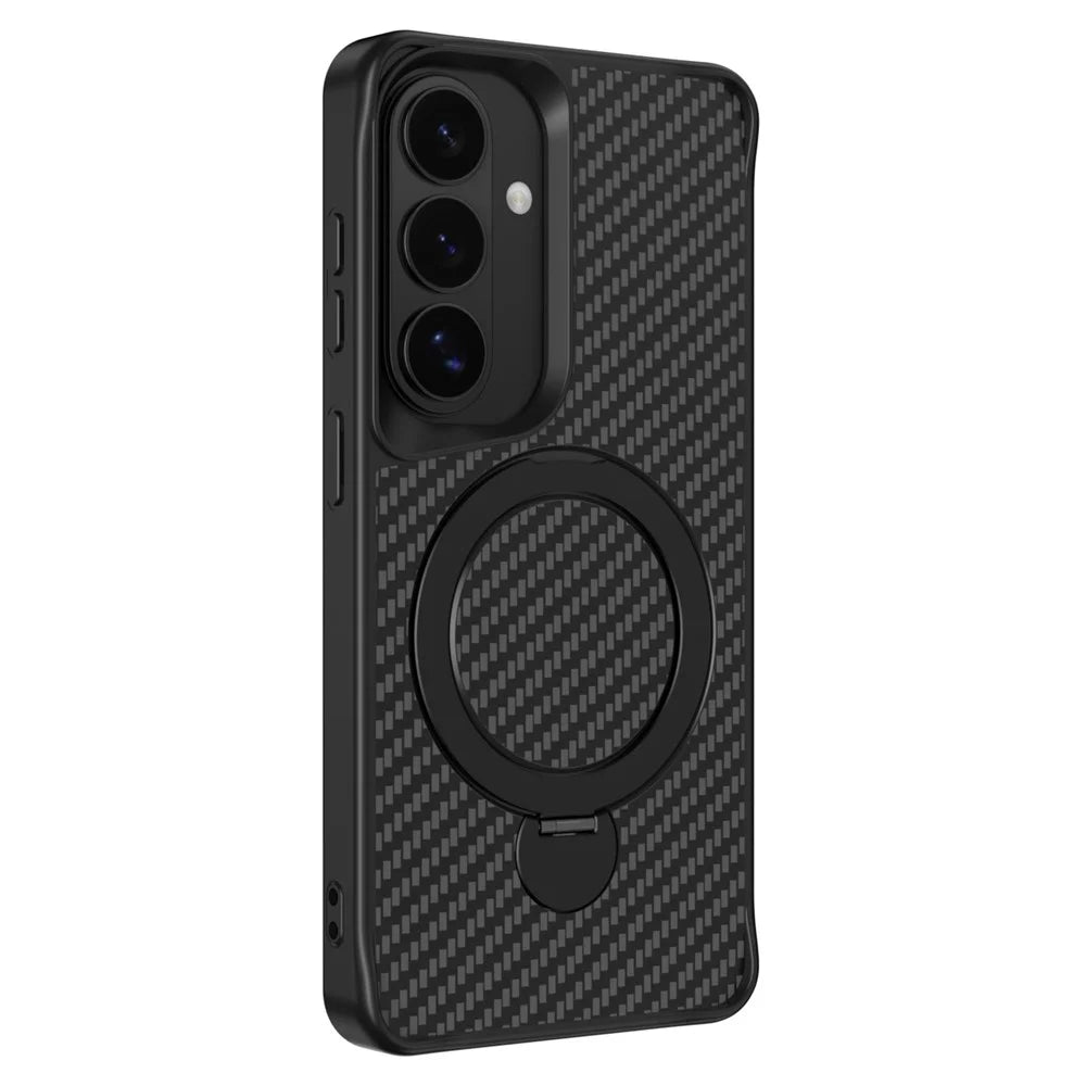 For Samsung Galaxy S26 Phone Case with Magnetic Kickstand TPU + PC Carbon Fiber Back Cover - Black - 2