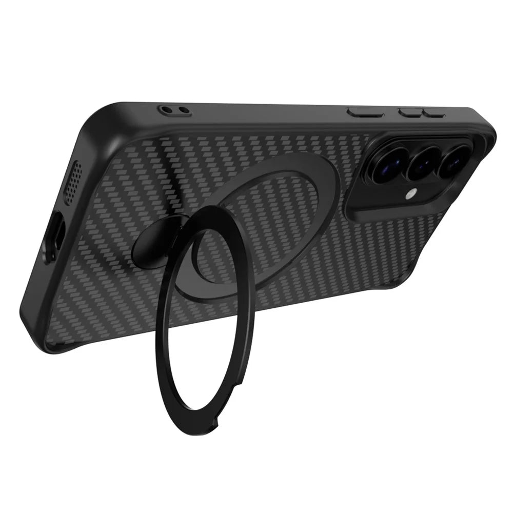 For Samsung Galaxy S26 Phone Case with Magnetic Kickstand TPU + PC Carbon Fiber Back Cover - Black - 3