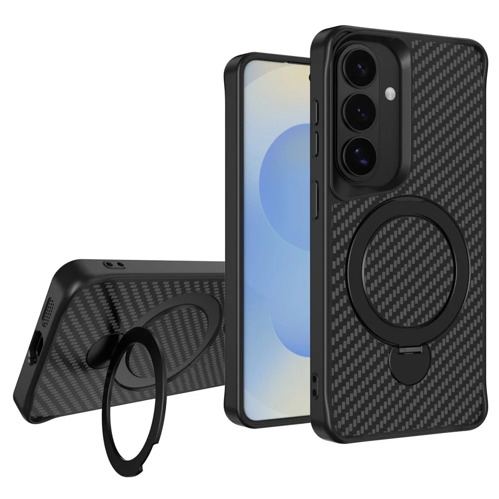 For Samsung Galaxy A35 5G Phone Case with Magnetic Kickstand TPU + PC Carbon Fiber Back Cover - Black - 1