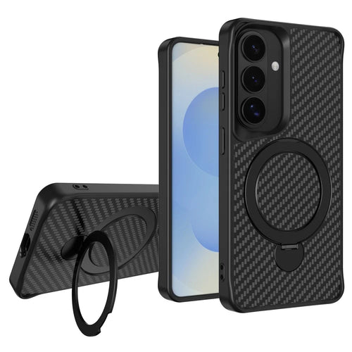 For Samsung Galaxy A35 5G Phone Case with Magnetic Kickstand TPU + PC Carbon Fiber Back Cover - Black - 1