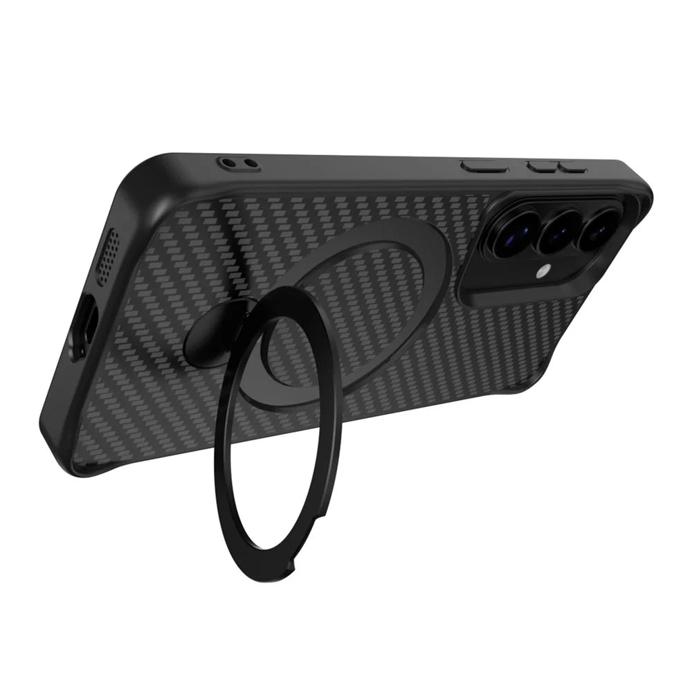 For Samsung Galaxy A35 5G Phone Case with Magnetic Kickstand TPU + PC Carbon Fiber Back Cover - Black - 3