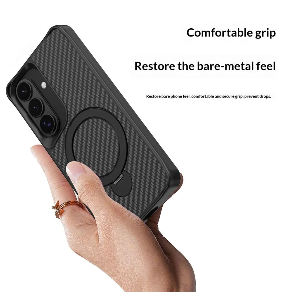 For Samsung Galaxy A35 5G Phone Case with Magnetic Kickstand TPU + PC Carbon Fiber Back Cover - Black - 6