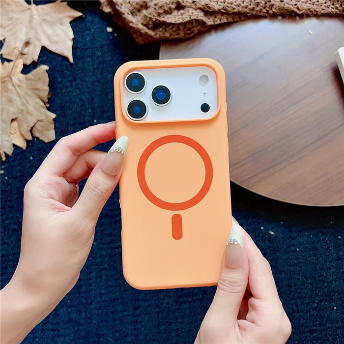 For iPhone 17 Pro Max Magnetic Case Silicone + PC Protective Phone Back Cover Compatible with MagSafe - Orange - 4