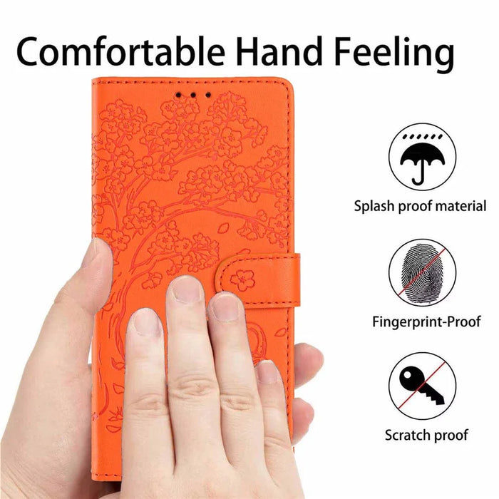 For iPhone 17e / 16e Stand Case Tree-and-Cat Pattern PU Leather Wallet Protective Phone Cover with Wrist Strap - Orange - 6