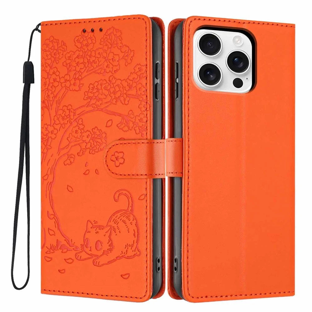 For iPhone 16 Pro Stand Case Tree-and-Cat Pattern PU Leather Wallet Protective Phone Cover with Wrist Strap - Orange - 1