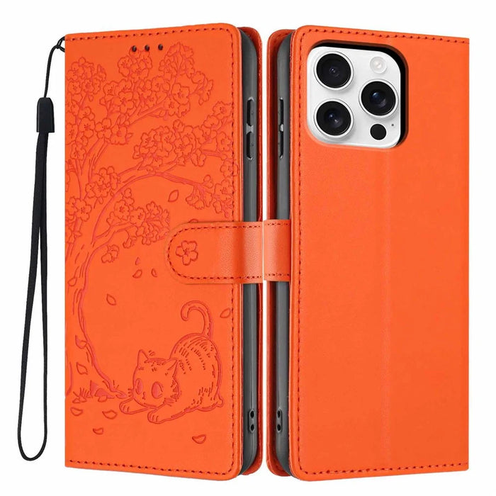 For iPhone 16 Pro Stand Case Tree-and-Cat Pattern PU Leather Wallet Protective Phone Cover with Wrist Strap - Orange - 1