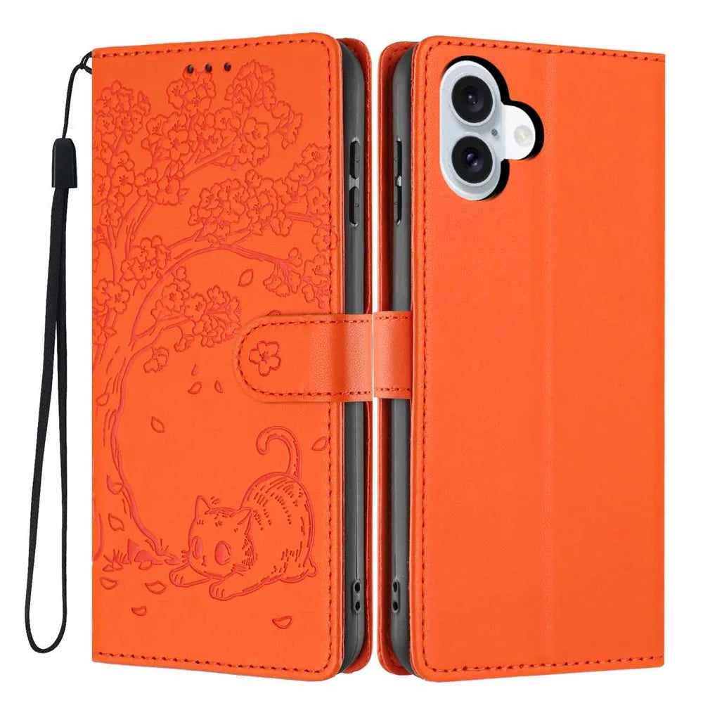 For iPhone 16 Plus Stand Case Tree-and-Cat Pattern PU Leather Wallet Protective Phone Cover with Wrist Strap - Orange - 1