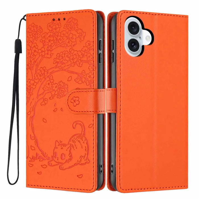 For iPhone 16 Stand Case Tree-and-Cat Pattern PU Leather Wallet Protective Phone Cover with Wrist Strap - Orange - 1