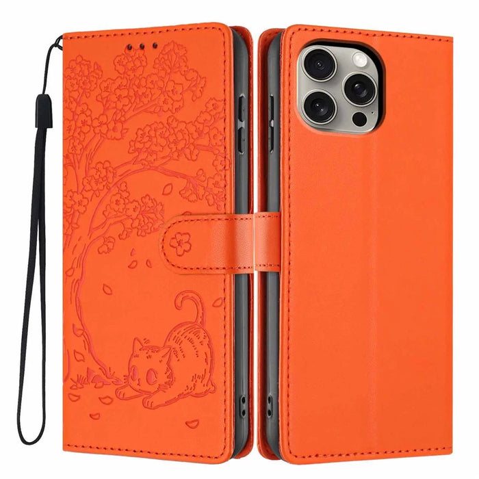 For iPhone 15 Pro Max Stand Case Tree-and-Cat Pattern PU Leather Wallet Protective Phone Cover with Wrist Strap - Orange - 1