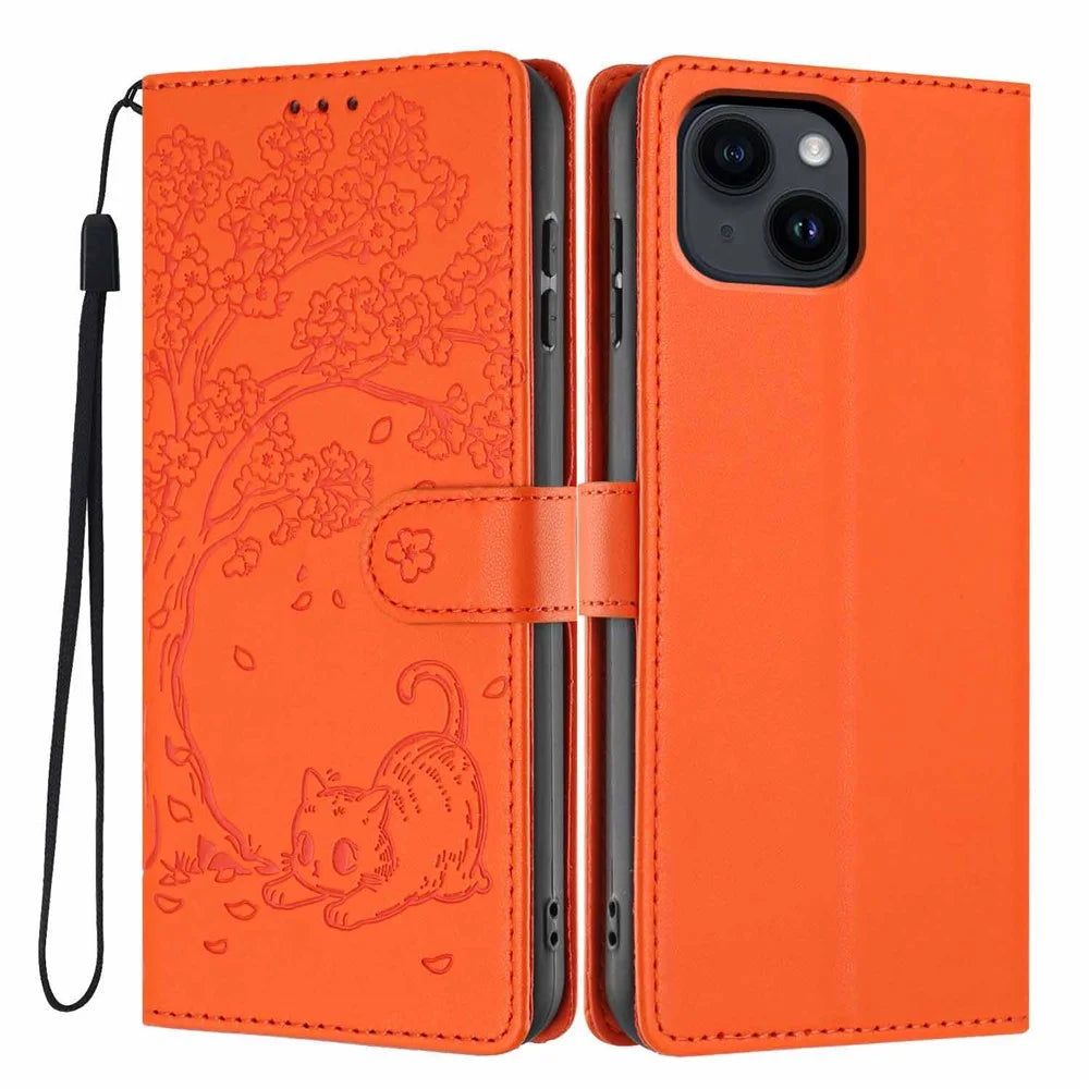 For iPhone 15 Stand Case Tree-and-Cat Pattern PU Leather Wallet Protective Phone Cover with Wrist Strap - Orange - 1