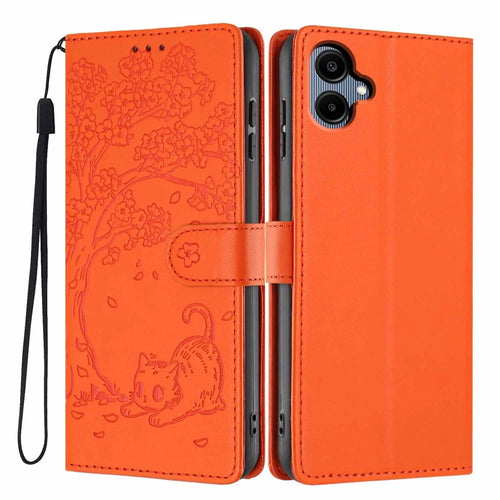 For Samsung Galaxy A06 4G Stand Case Tree-and-Cat Pattern PU Leather Wallet Protective Phone Cover with Wrist Strap - Orange - 1