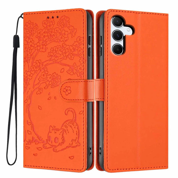 For Samsung Galaxy A55 5G Stand Case Tree-and-Cat Pattern PU Leather Wallet Protective Phone Cover with Wrist Strap - Orange - 1