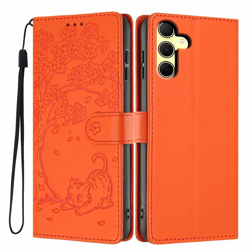 For Samsung Galaxy A35 5G Stand Case Tree-and-Cat Pattern PU Leather Wallet Protective Phone Cover with Wrist Strap - Orange - 1