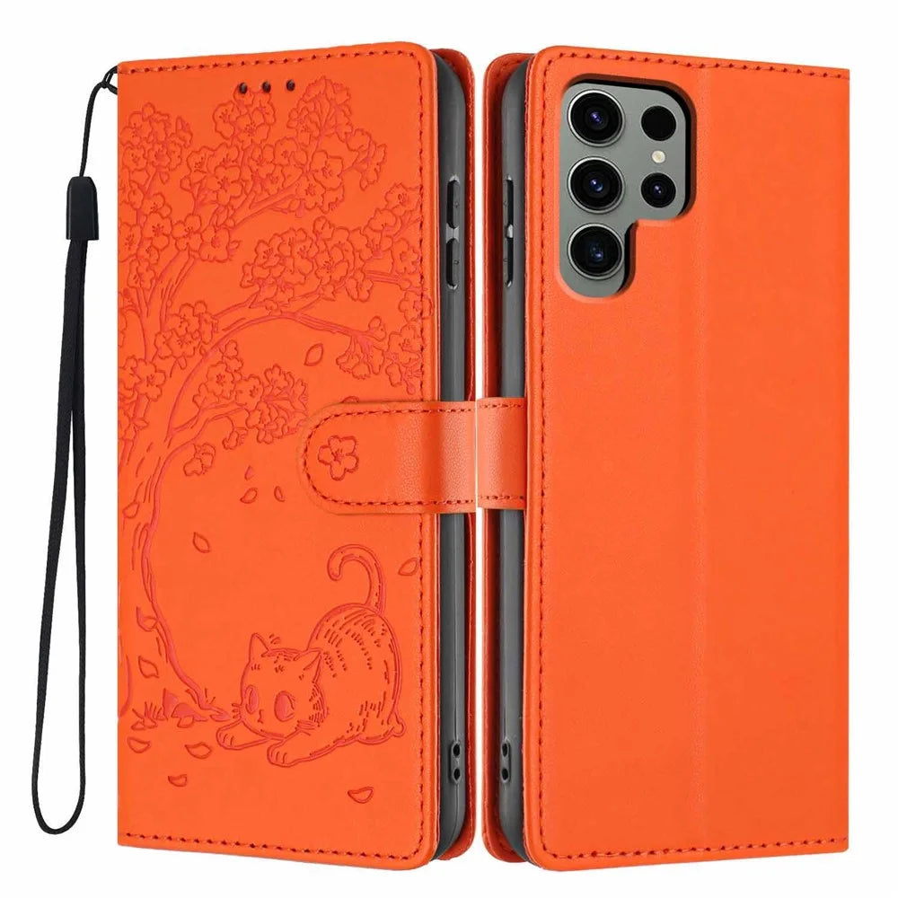 For Samsung Galaxy S25 Ultra Stand Case Tree-and-Cat Pattern PU Leather Wallet Protective Phone Cover with Wrist Strap - Orange - 1