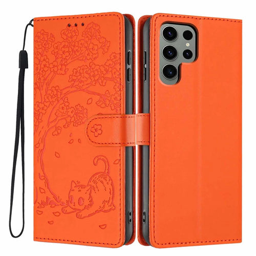 For Samsung Galaxy S25 Ultra Stand Case Tree-and-Cat Pattern PU Leather Wallet Protective Phone Cover with Wrist Strap - Orange - 1