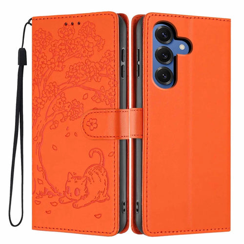 For Samsung Galaxy S25 Stand Case Tree-and-Cat Pattern PU Leather Wallet Protective Phone Cover with Wrist Strap - Orange - 1