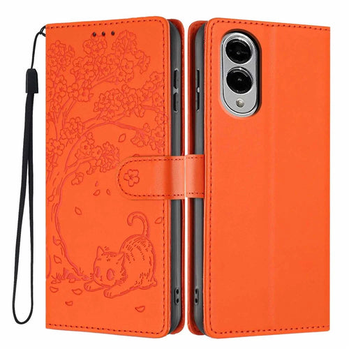 For Samsung Galaxy S25 Edge Stand Case Tree-and-Cat Pattern PU Leather Wallet Protective Phone Cover with Wrist Strap - Orange - 1