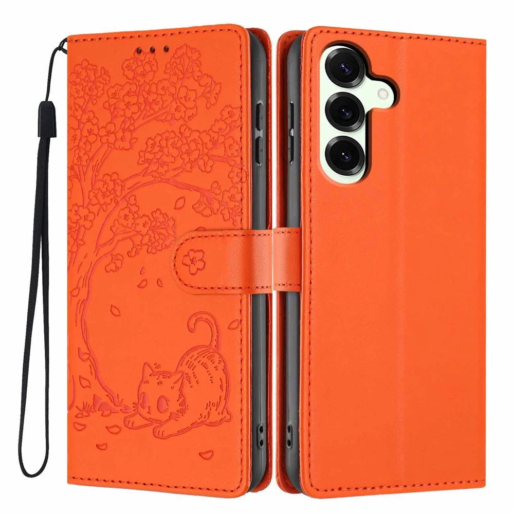For Samsung Galaxy S24 FE Stand Case Tree-and-Cat Pattern PU Leather Wallet Protective Phone Cover with Wrist Strap - Orange - 1