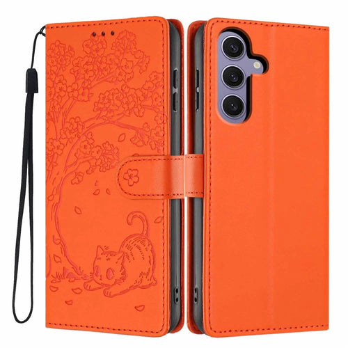 For Samsung Galaxy S24+ Stand Case Tree-and-Cat Pattern PU Leather Wallet Protective Phone Cover with Wrist Strap - Orange - 1
