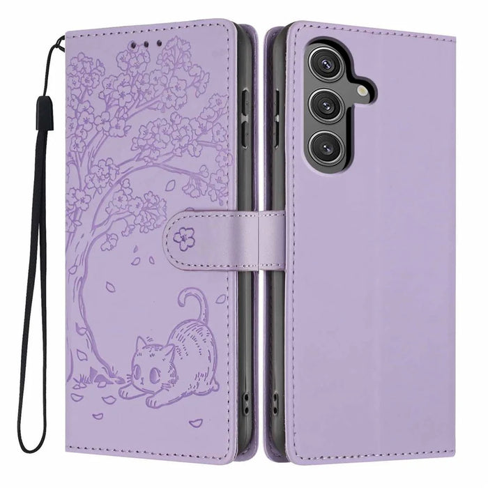 For Samsung Galaxy S24 Stand Case Tree-and-Cat Pattern PU Leather Wallet Protective Phone Cover with Wrist Strap - Purple - 1