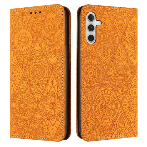 For Samsung Galaxy S26 Case Imprinted Flower Wallet Stand Leather Phone Cover - Yellow - 1