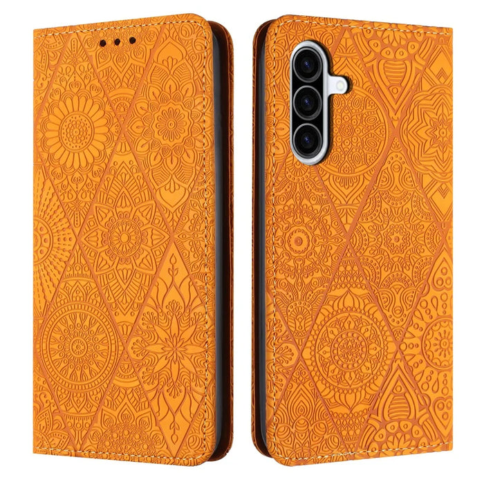For Samsung Galaxy A37 5G Case Imprinted Flower Wallet Stand Leather Phone Cover - Yellow - 1
