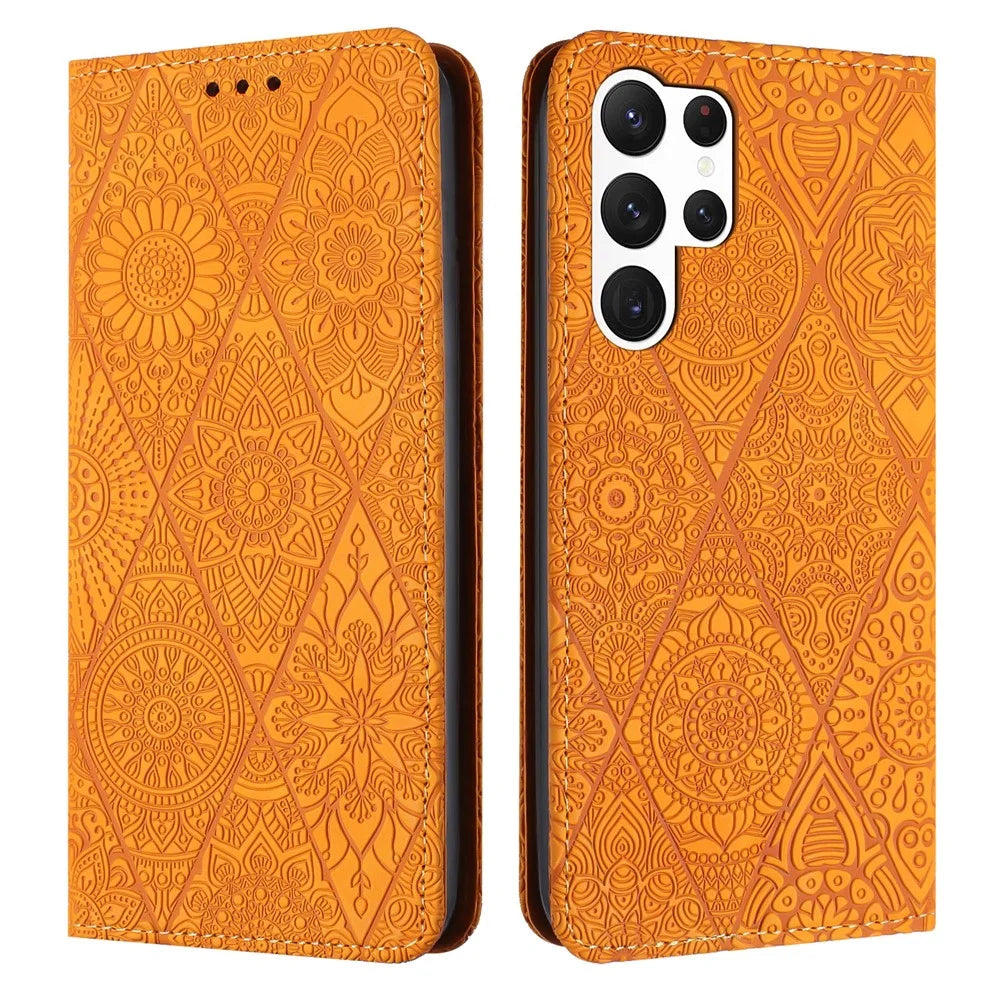 For Samsung Galaxy S26 Ultra Case Imprinted Flower Wallet Stand Leather Phone Cover - Yellow - 1