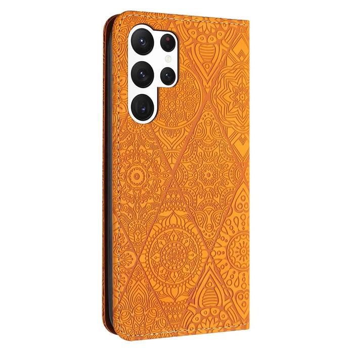 For Samsung Galaxy S26 Ultra Case Imprinted Flower Wallet Stand Leather Phone Cover - Yellow - 6
