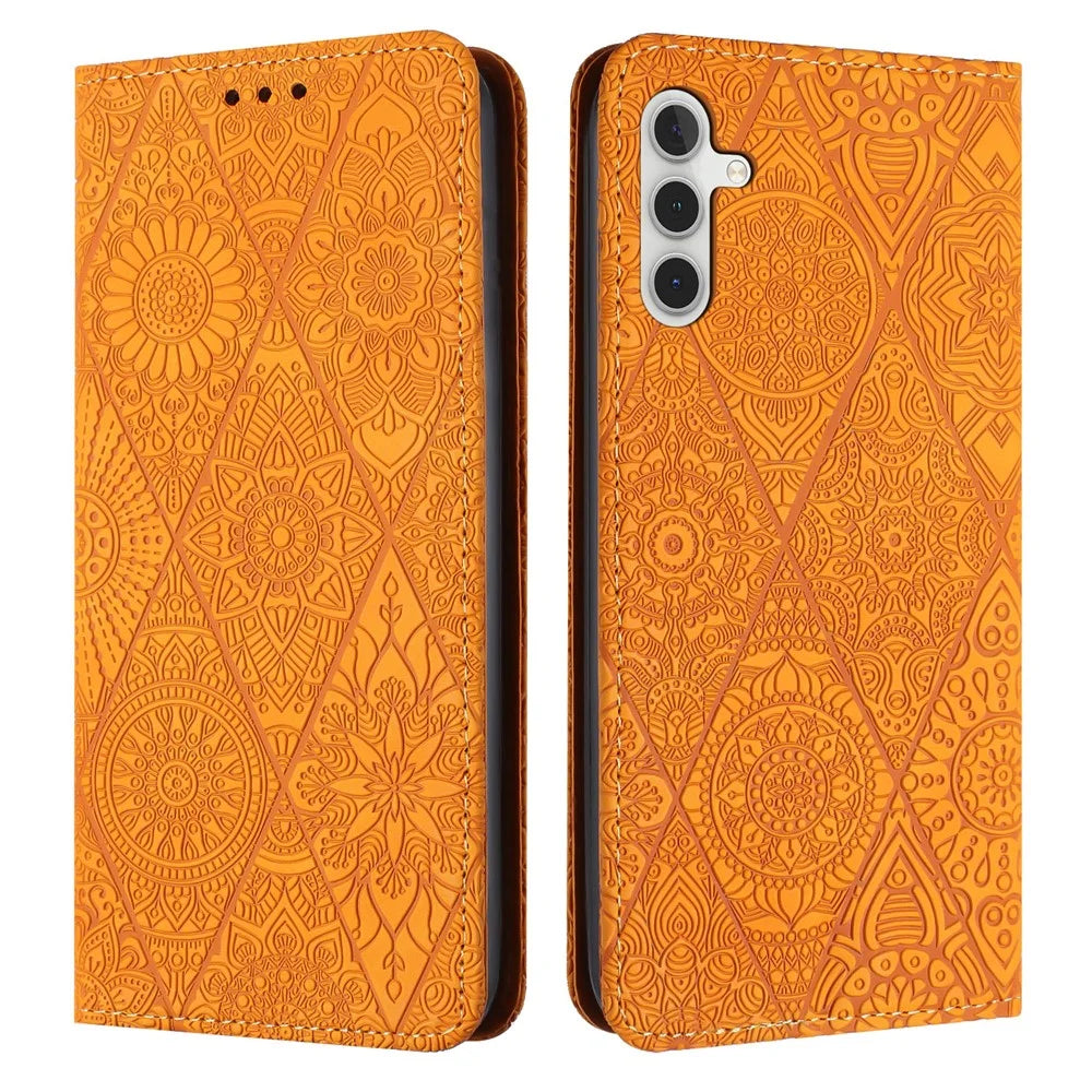 For Samsung Galaxy S26+ Case Imprinted Flower Wallet Stand Leather Phone Cover - Yellow - 1