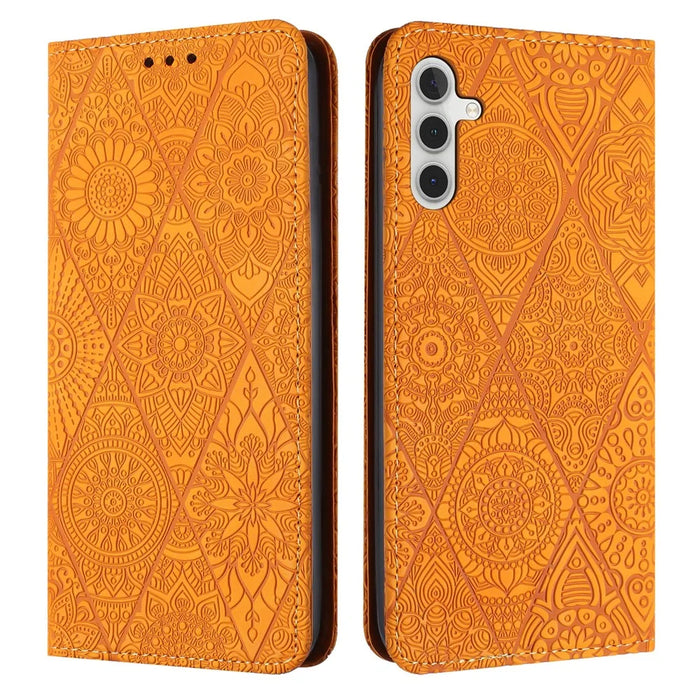For Samsung Galaxy S26+ Case Imprinted Flower Wallet Stand Leather Phone Cover - Yellow - 1